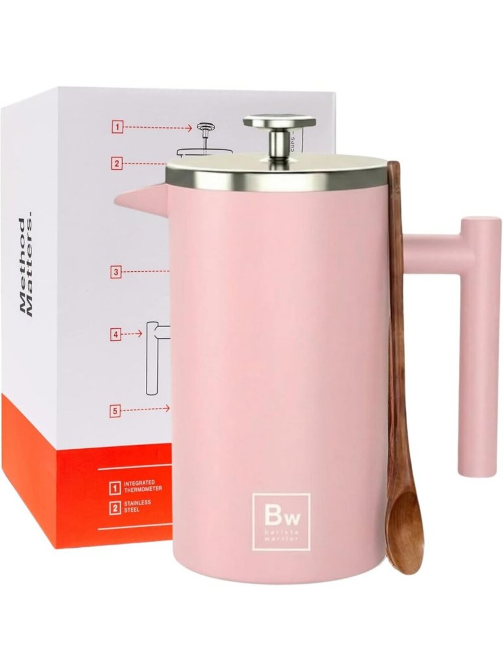 Stylish Pink Double-Wall French Press Coffee Maker with Thermometer & Dual